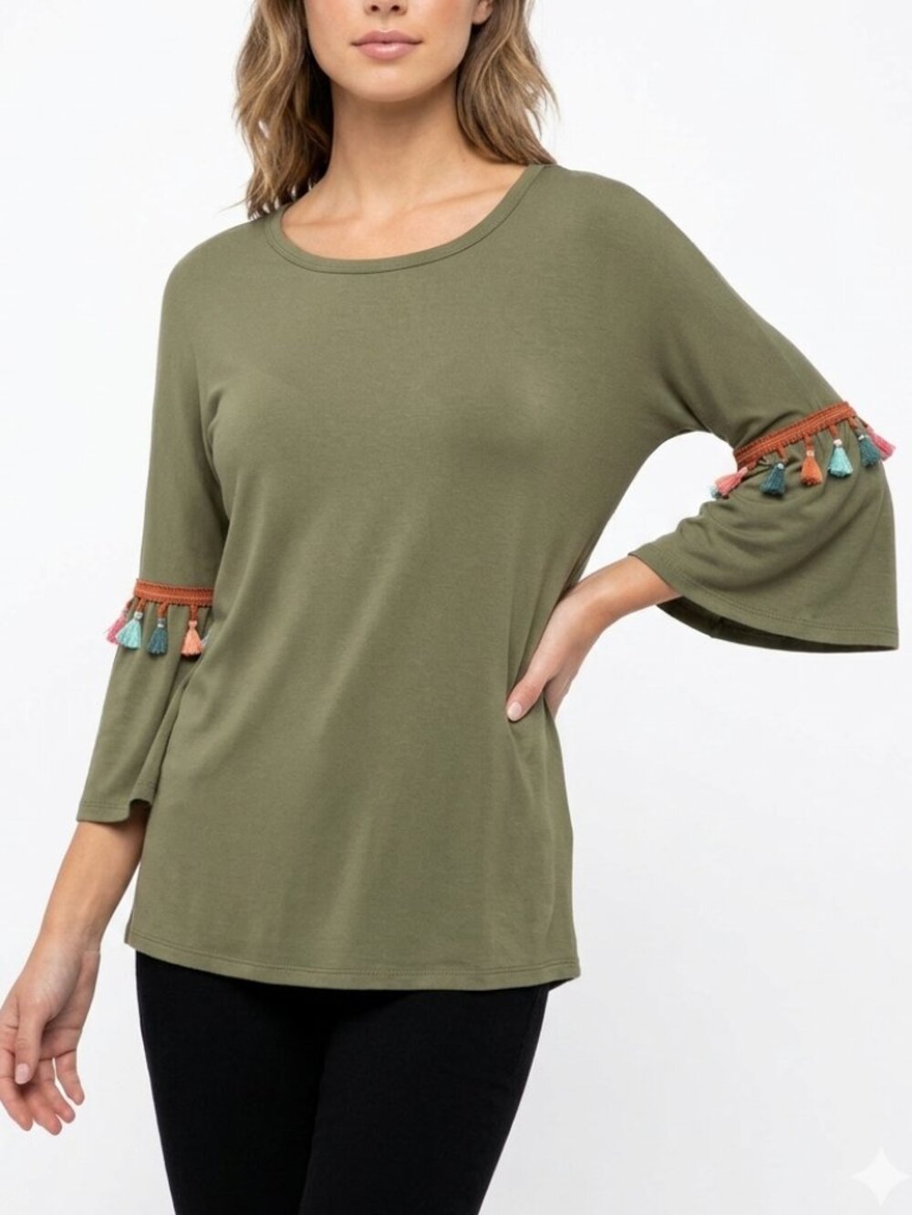 Boho Tassel Trim Bellโ Sleeve Olive Green Knit Top Twenty Second